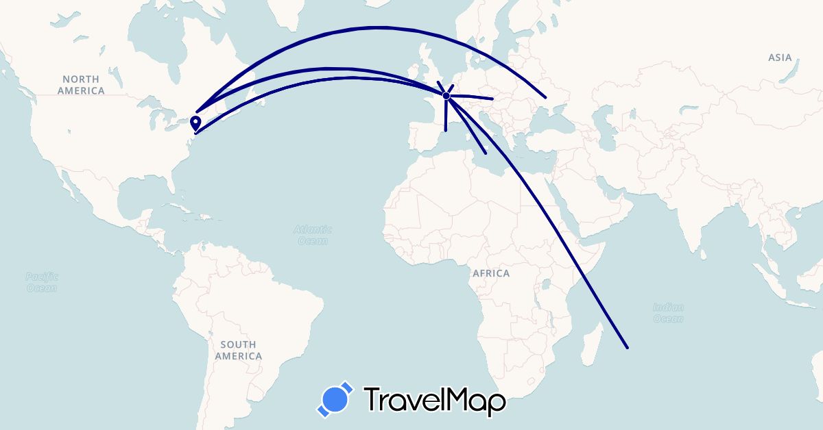 TravelMap itinerary: driving in Austria, Belgium, Canada, Spain, France, United Kingdom, Malta, Mauritius, Ukraine, United States (Africa, Europe, North America)